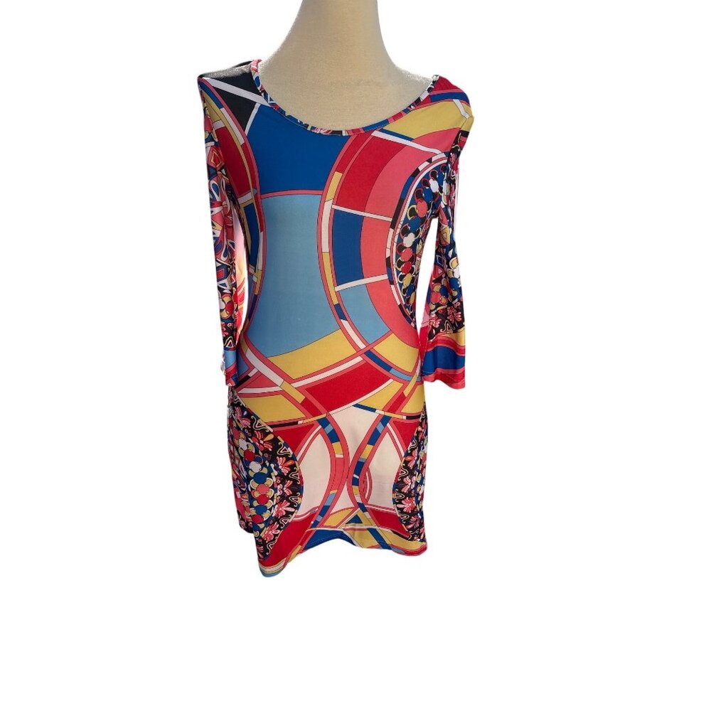 Geometric Mosaic Print Bodycon Dress Size Large Woman Long Flowy Sleeves
